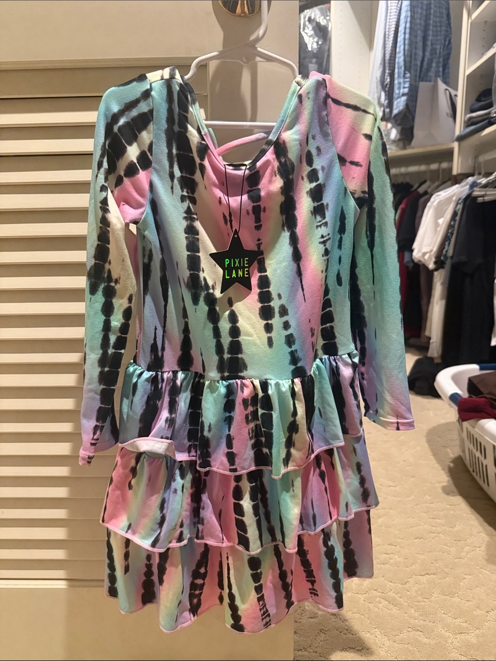 Pixie Lane Girls' Long Sleeve Tie-Dye Ruffle Dress - Pastel Multi
